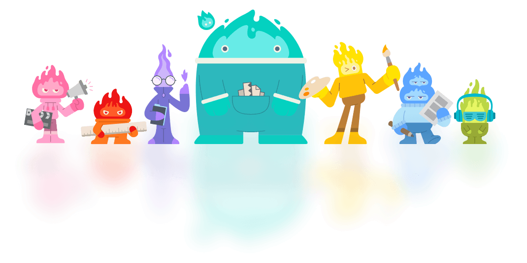 The OiiOii Production Crew — seven illustrated Agent characters, each representing one production role: screenwriter, character designer, scene designer, storyboard artist, art director, music director, and product designer.