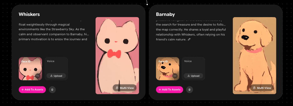 OiiOii's character consistency screen, showing Face ID reference cards for two characters used to keep their likeness stable across every generated shot.